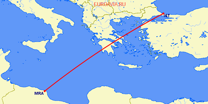перелет Стамбул — Мисурата на карте