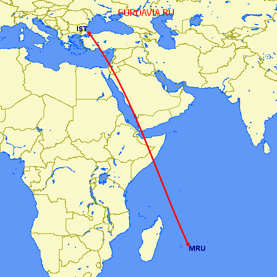 перелет Стамбул — Порт Луис на карте