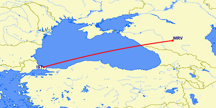 перелет Стамбул — Минеральные Воды на карте