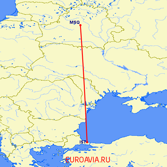 перелет Стамбул — Минск на карте