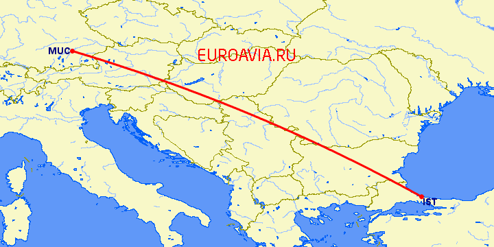 перелет Стамбул — Мюнхен на карте