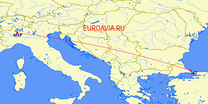 перелет Стамбул — Милан на карте