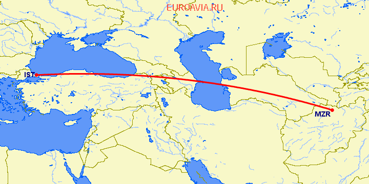 перелет Стамбул — Mazar-i-sharif на карте