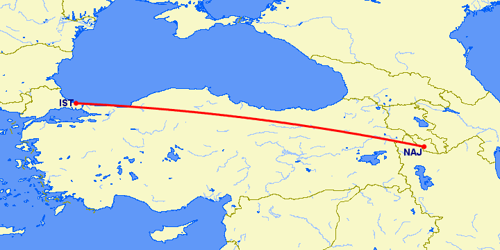 перелет Стамбул — Нахичевань на карте