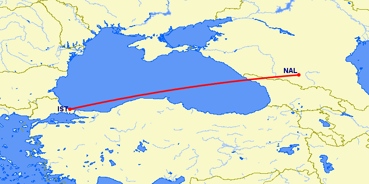 перелет Стамбул — Нальчик на карте