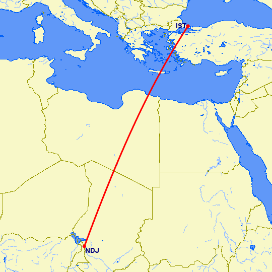 перелет Стамбул — Нджамена на карте