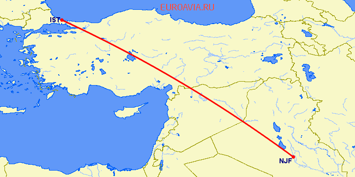 перелет Стамбул — Аль Наджаф на карте