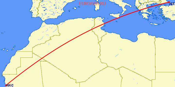 перелет Стамбул — Нуакшот на карте