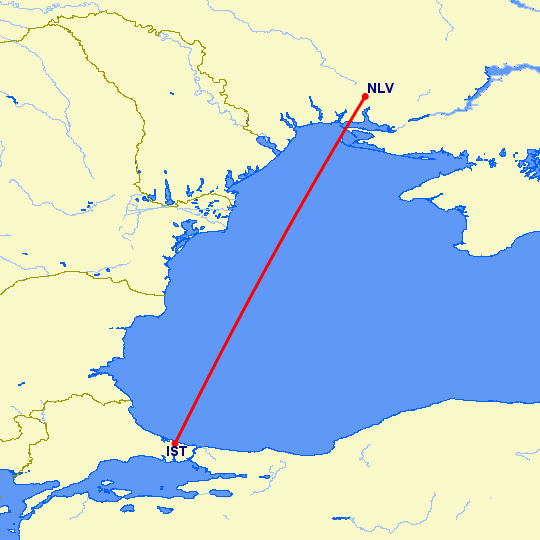 перелет Стамбул — Николаев на карте