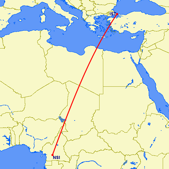 перелет Стамбул — Яунде на карте