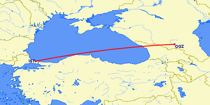 перелет Стамбул — Владикавказ на карте