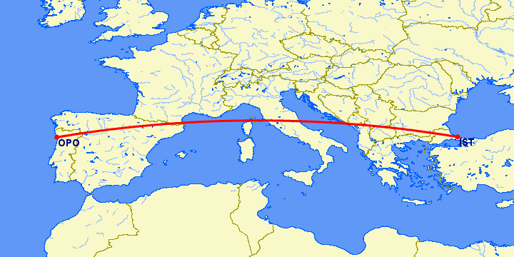 перелет Стамбул — Порту на карте