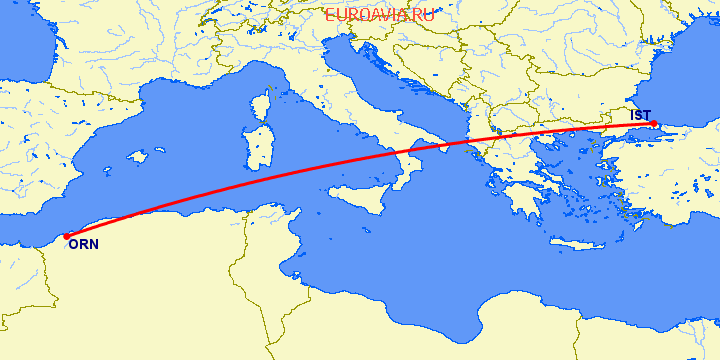 перелет Стамбул — Оран на карте