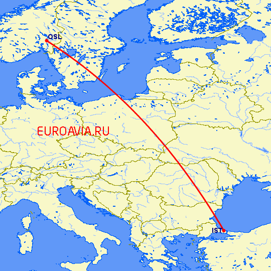 перелет Стамбул — Осло на карте