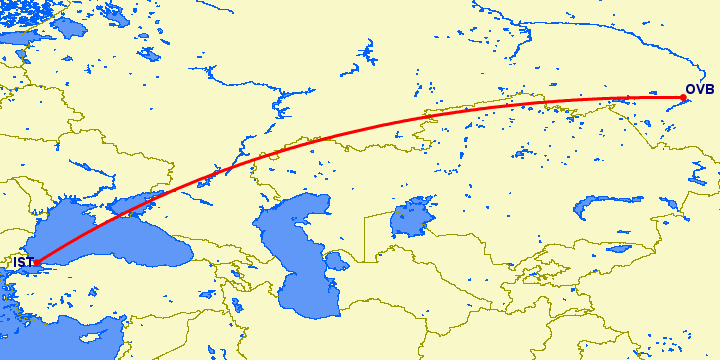 перелет Стамбул — Новосибирск на карте