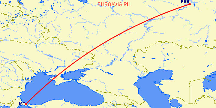 перелет Стамбул — Пермь на карте