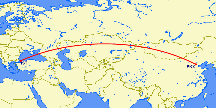 перелет Стамбул — Пекин на карте