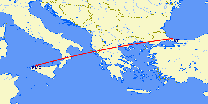 перелет Стамбул — Палермо на карте