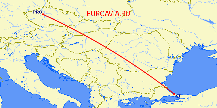 перелет Стамбул — Прага на карте