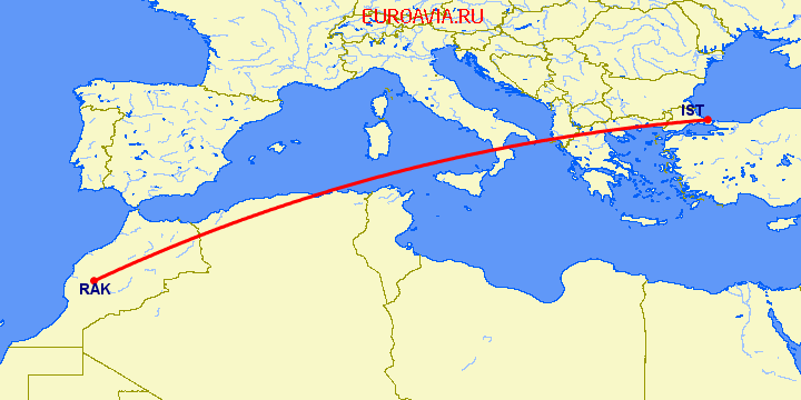 перелет Стамбул — Марракеш на карте