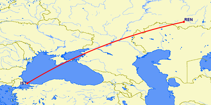перелет Стамбул — Оренбург на карте