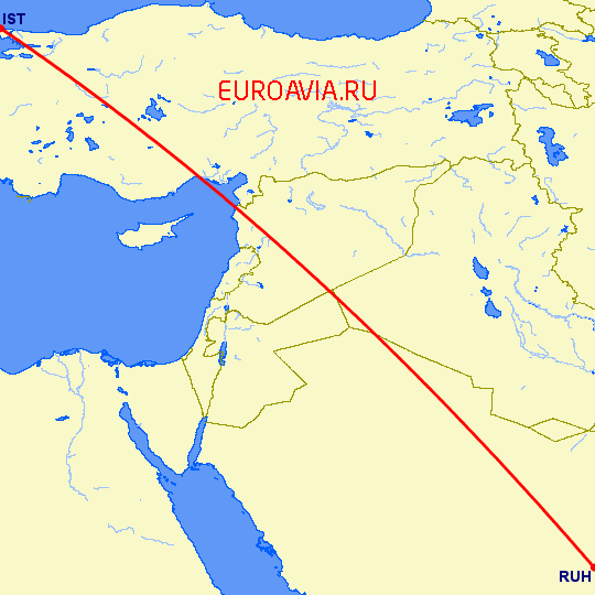 перелет Стамбул — Эр Рияд на карте