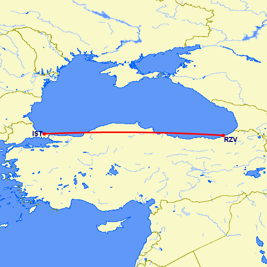 перелет Стамбул — Ризе Артвин на карте