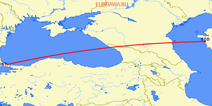 перелет Стамбул — Актау на карте