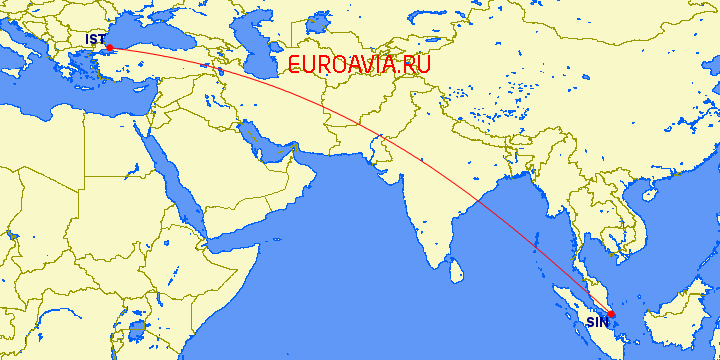 перелет Стамбул — Сингапур на карте