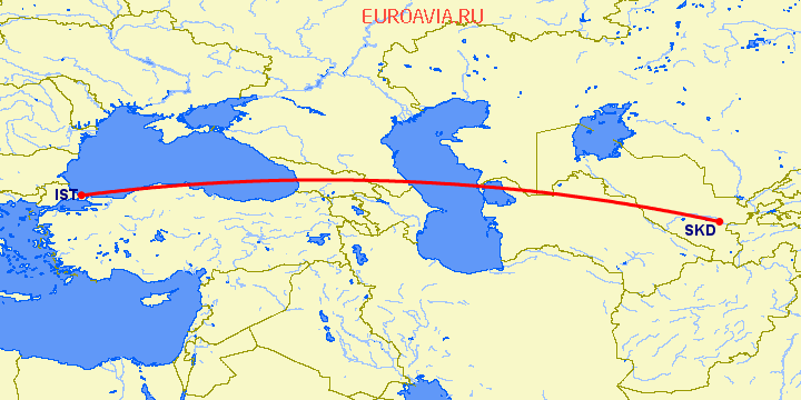 перелет Стамбул — Самарканд на карте