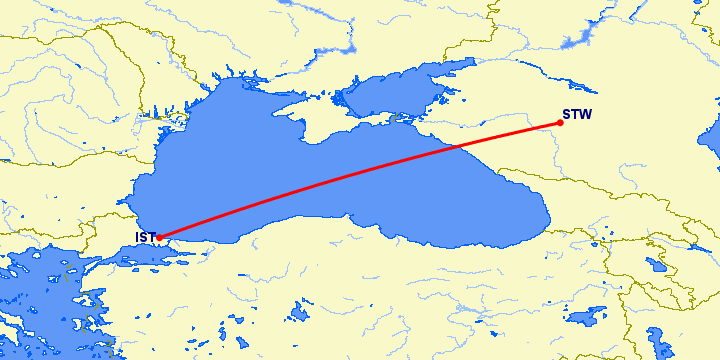 перелет Стамбул — Ставрополь на карте