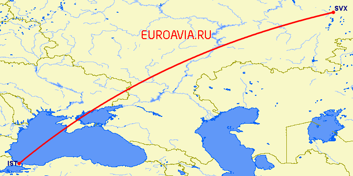 перелет Стамбул — Екатеринбург на карте