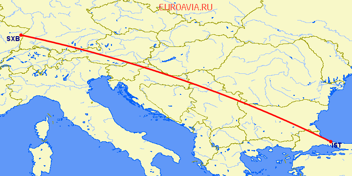 перелет Стамбул — Страсбург на карте