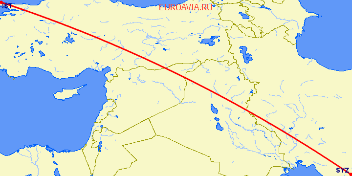 перелет Стамбул — Шираз на карте