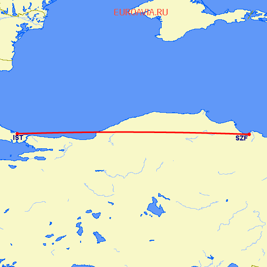 перелет Стамбул — Самсун на карте