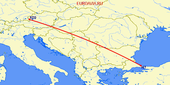 перелет Стамбул — Зальцбург на карте