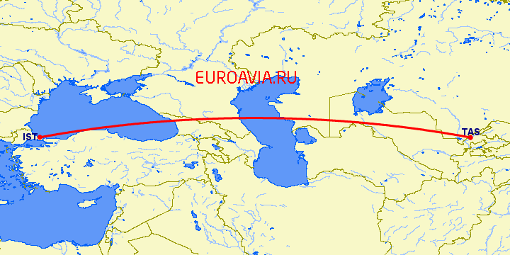 перелет Стамбул — Ташкент на карте