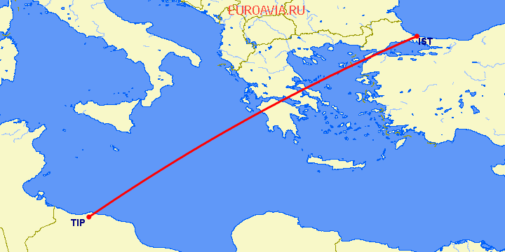 перелет Стамбул — Триполи на карте