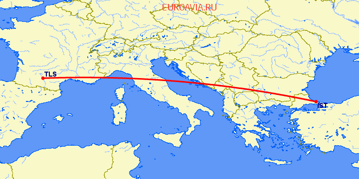 перелет Стамбул — Тулуза на карте