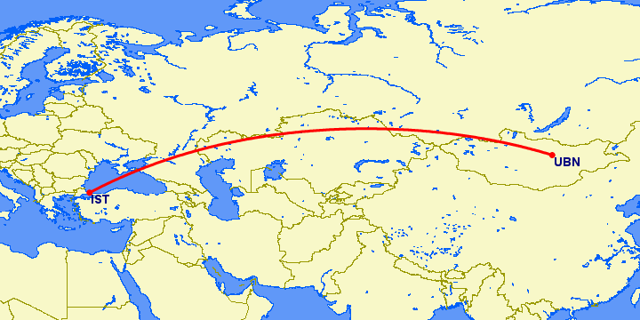 перелет Стамбул — Улан Батор на карте
