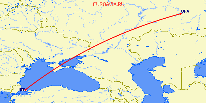 перелет Стамбул — Уфа на карте