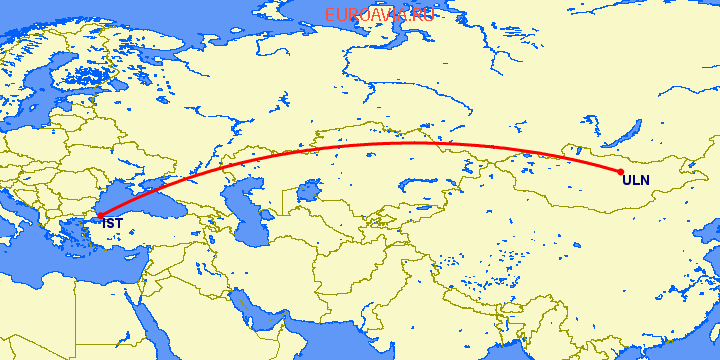 перелет Стамбул — Улан Батор на карте