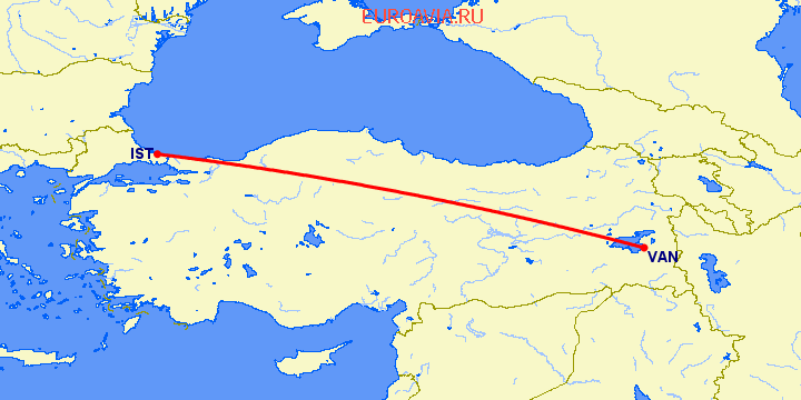 перелет Стамбул — Ван на карте