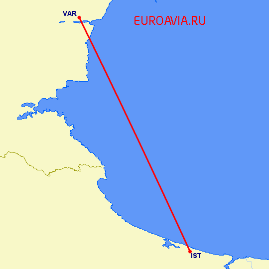 перелет Стамбул — Варна на карте