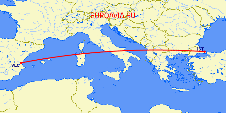 перелет Стамбул — Валенсия на карте