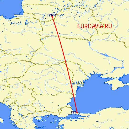 перелет Стамбул — Вильнюс на карте