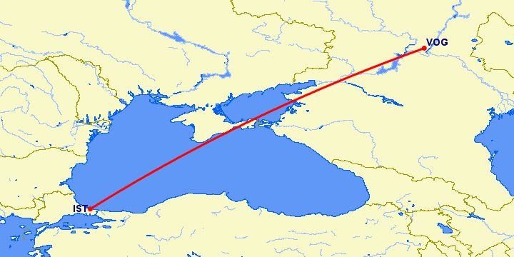 перелет Стамбул — Волгоград на карте