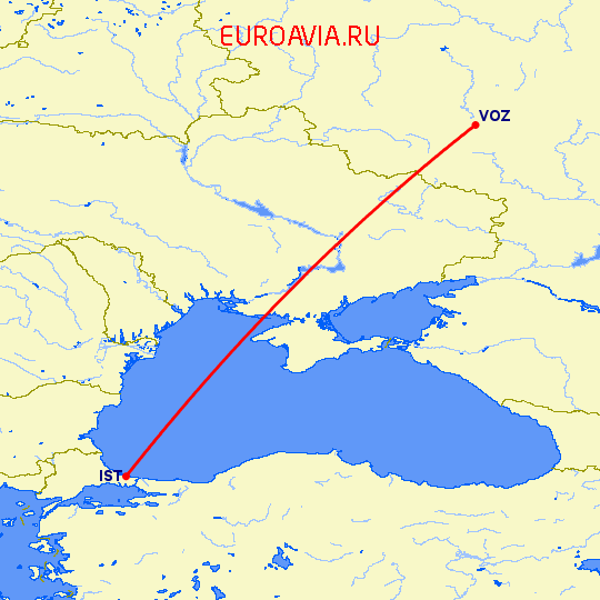перелет Стамбул — Воронеж на карте