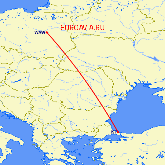 перелет Стамбул — Варшава на карте