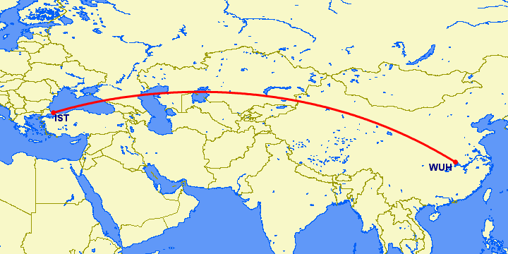 перелет Стамбул — Вухан на карте